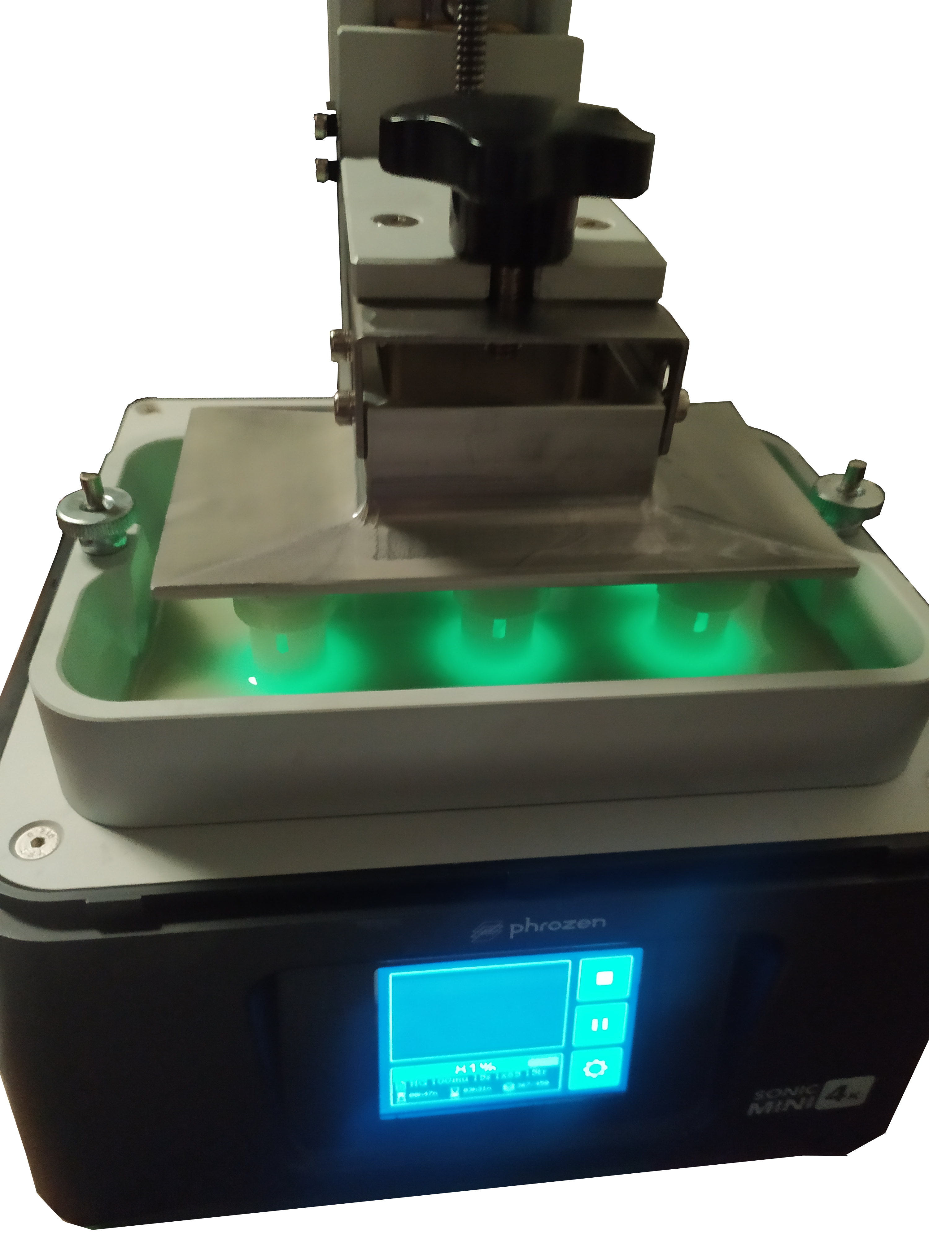 Phrozen Sonic Mini 4K printing Liqcreate Hazard Glow glow‑in‑the‑dark resin using standard MSLA exposure workflow.
