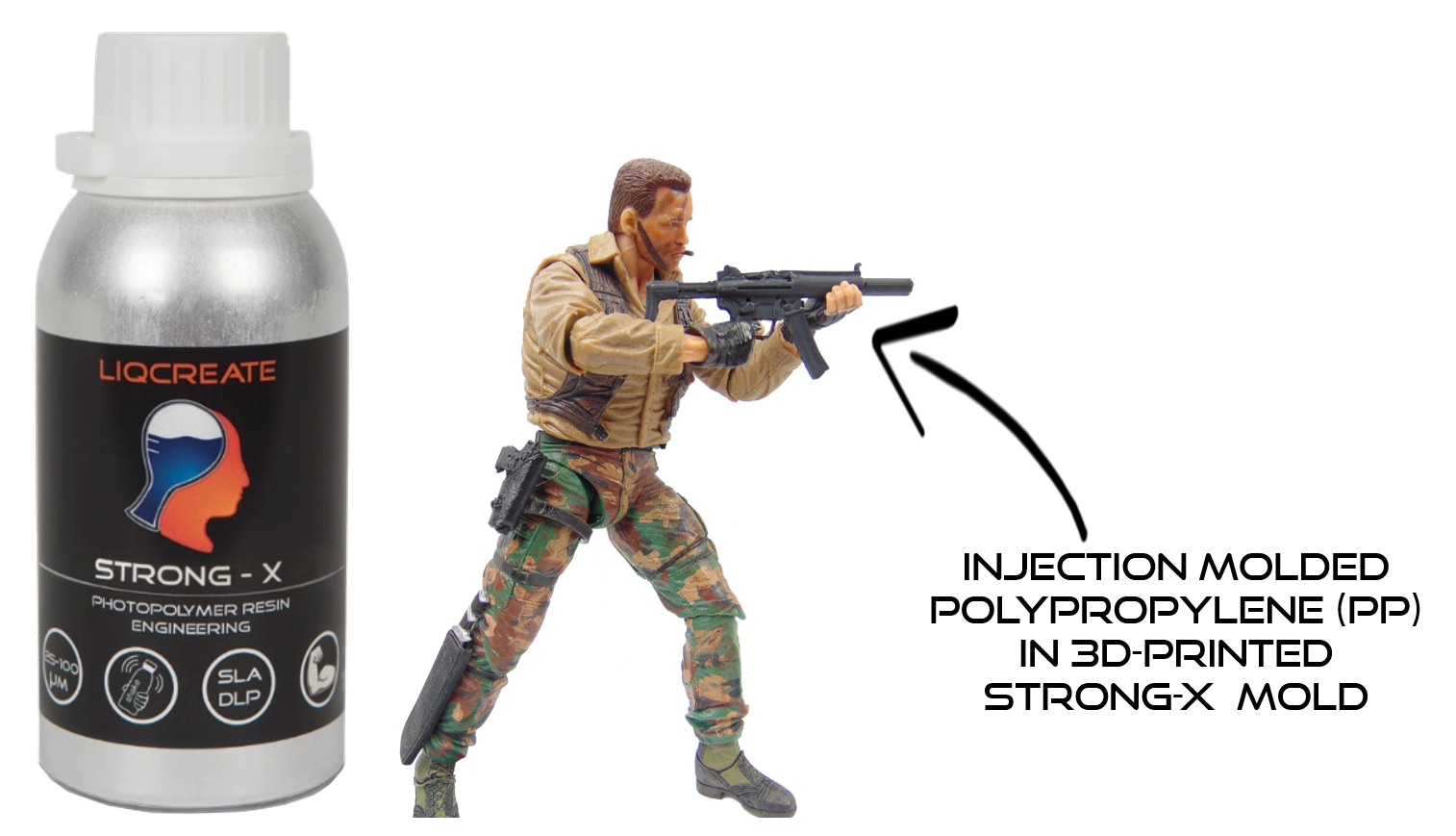 Spritzgegossenes PP in Harz 3Dgedruckter Form aus Liqcreate Strong-x Harz an anycubic photon harz 3d-drucker spielzeughersteller arnold arnold schwarzenegger terminator ich komme wieder