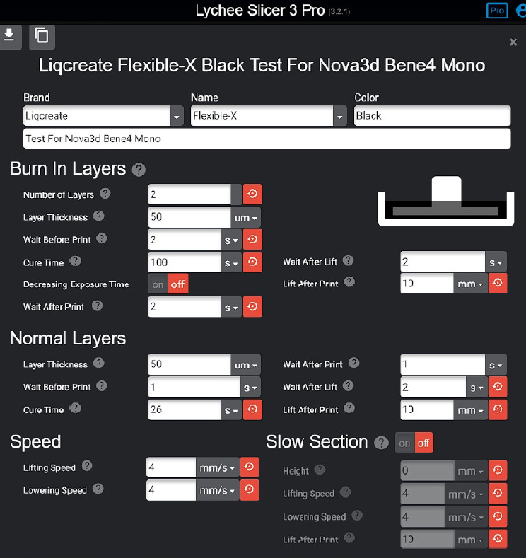 Nova3D bene4 mono flexible resin settings