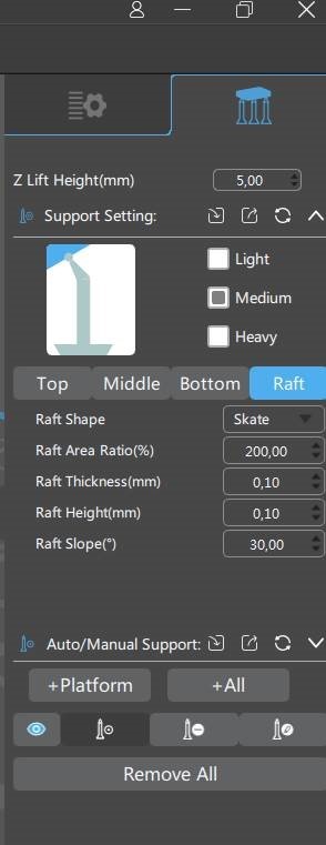 support raft settings for wax castable on the mars 2