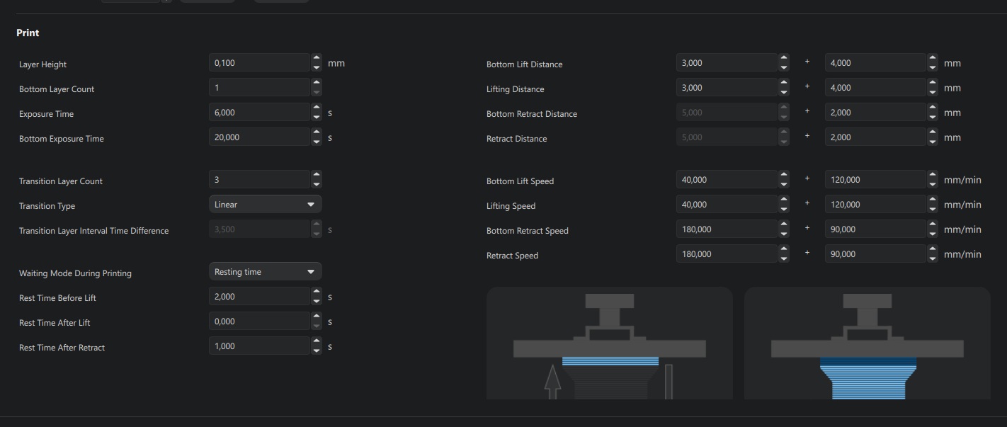 Chitubox settings for Liqcreate Separation Model resin on the Elegoo Mars showing exposure, lift and layer configuration.