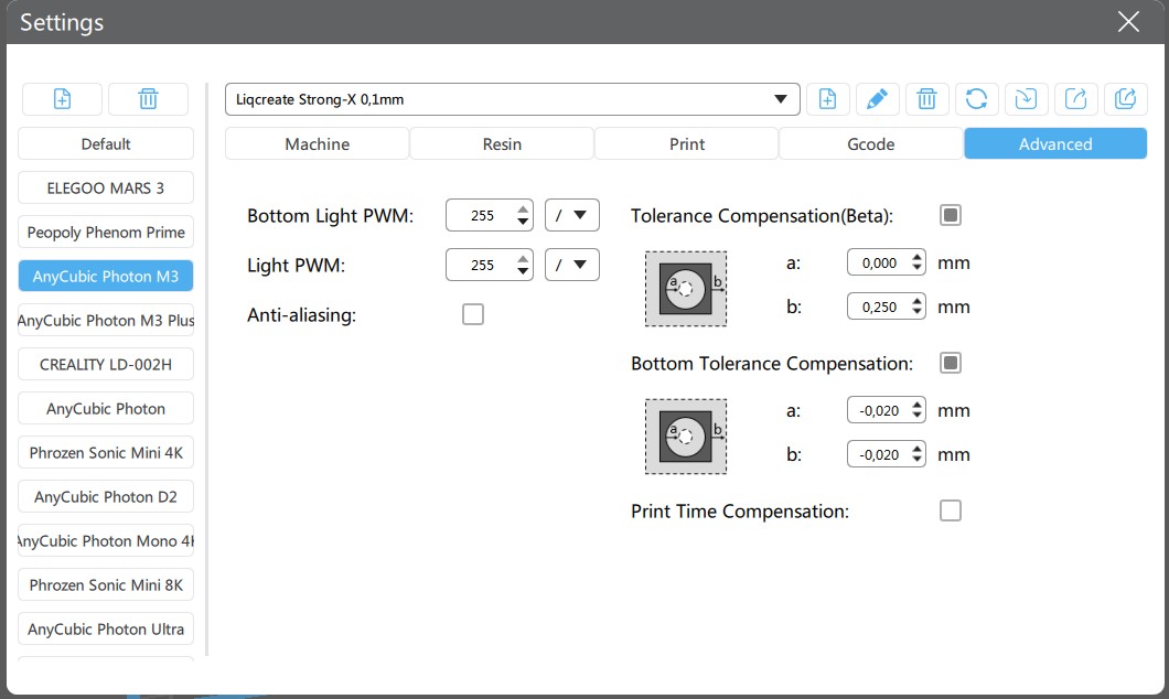 Schwundausgleich Liqcreate Strong-X auf die Anycubic Photon M3-Drucker in Chitubox