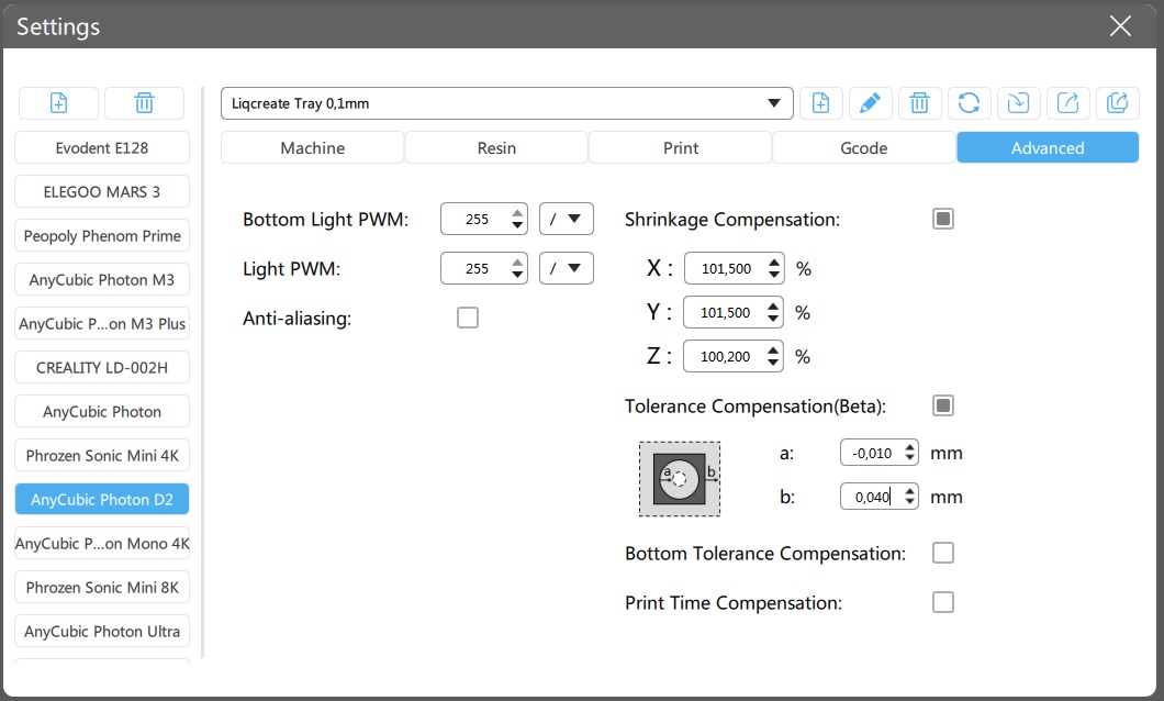 Shrinkage Liqcreate Tray V3 on Anycubic Photon D2 dental impression custom parameters settings