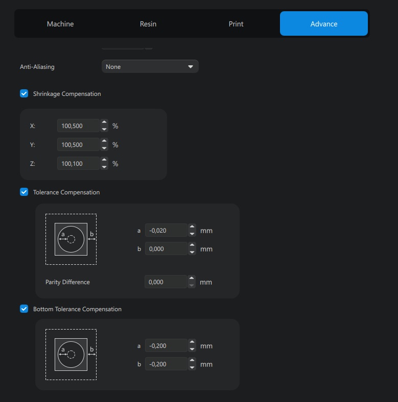 XY scaling compensation for liqcreate separation model 3d-print non-stick pmma resin