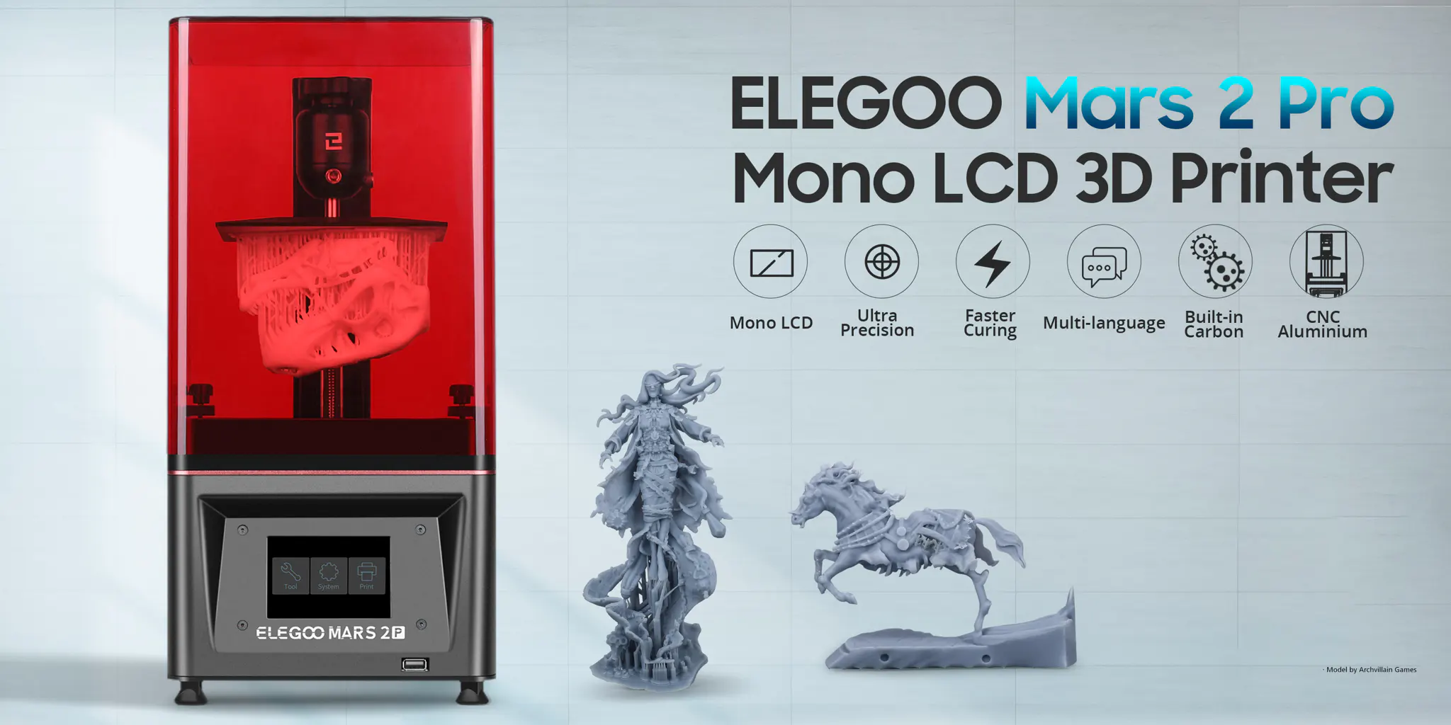 Elegoo Mars 2 Pro MSLA resin 3D printer with 2K monochrome LCD, compact build volume and COB‑LED optical system.